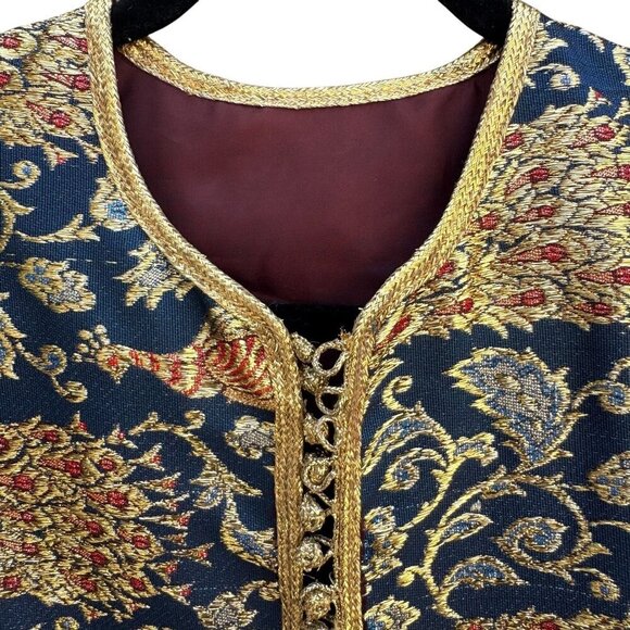 Vintage Handcrafted Gold Navy Brocade Peacock Embroidery Frog Closure Jacket - Picture 6 of 9